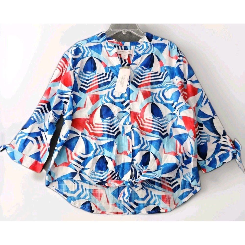 Allison Daley Woman Tunic Top PXL Navy Red White Nautical Lake Coastal Tie Front